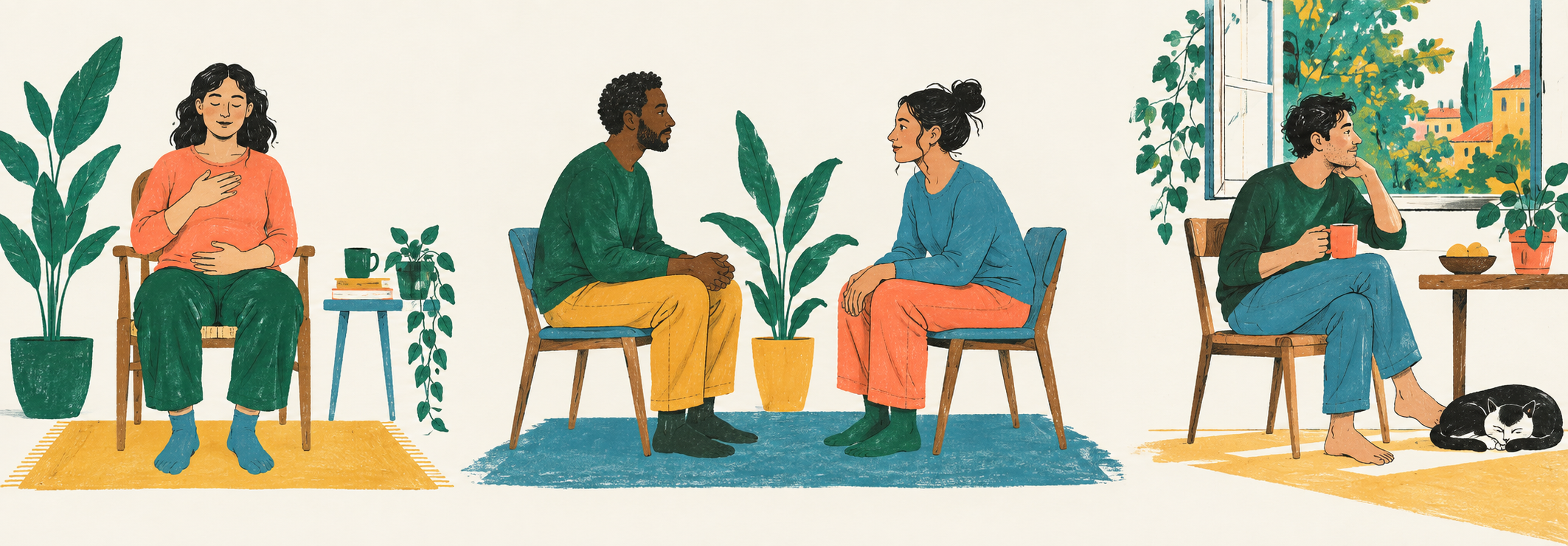 Trois scènes illustrées : une personne attentive à ses sensations, deux personnes qui s’écoutent, puis un moment de présence à soi dans le quotidien.
